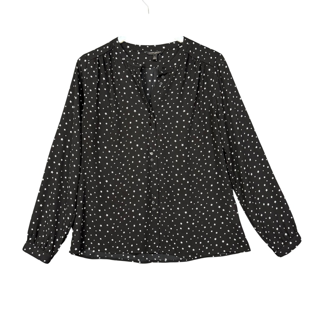 Banana Republic Blouse Womens S Black Star Print Button Up Long Sleeve Workwear